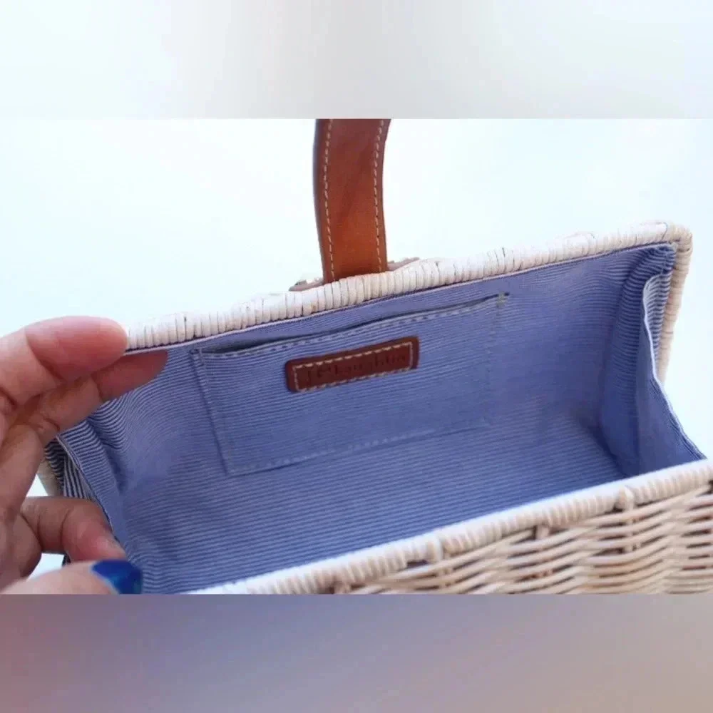 J. McLaughlin Cream Wicker Clutch with Tan Leather Strap
